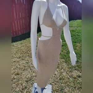 SHEIN Tan Crochet Halter Dress